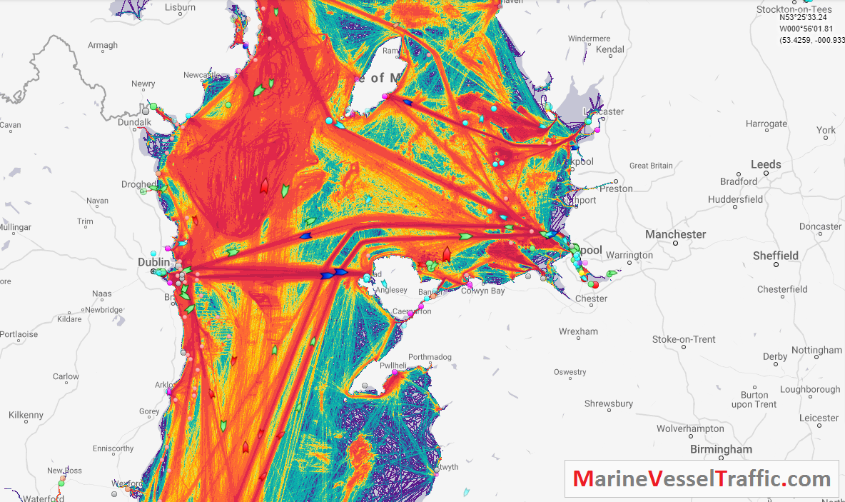 Live Marine Traffic, Density Map and Current Position of ships in IRISH SEA